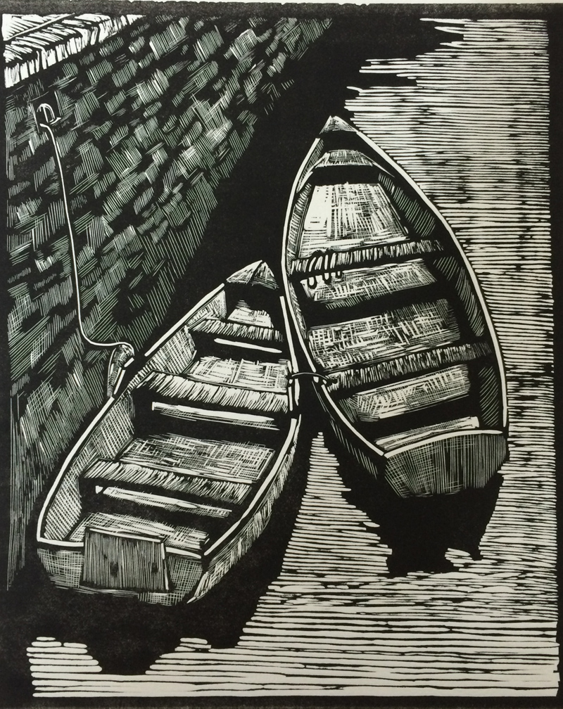 rowboats, a woocut by Watie White