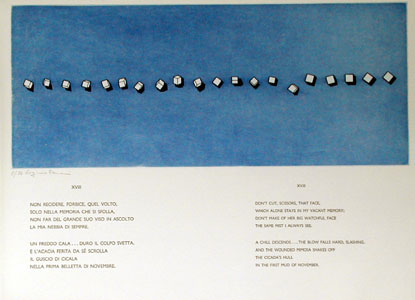 A page from Motets by Eugenio Montale. Bilingual Edition. Translation by Raphael Fodde and artwork by Virginio Ferrari. 8 etchings